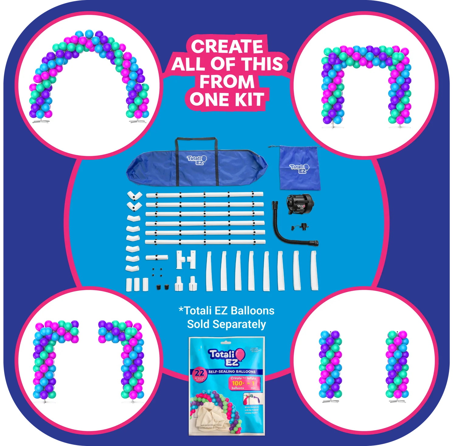ArchUp Starter Kit with tubes, connectors, pump and carry bags, shown with an inflated arch
